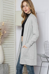 Black Ribbed Knit Pocketed Open Front Long Cardigan