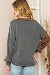 Brown Exposed Seam Patchwork V Neck Long Sleeve Top