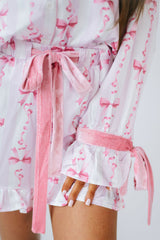 Pink Bow Print Bell Sleeve Shirt and Ruffle Hem Shorts Pajama Set