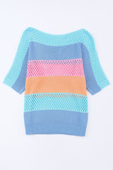 Pink Knitted Eyelet Colorblock Half Sleeves Top