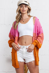 Rose Pompom Color Block Knit Open Front Cardigan