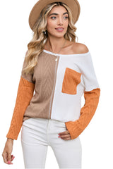 Black Long Sleeve Colorblock Chest Pocket Textured Knit Top