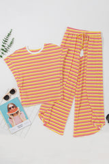 Yellow Stripe Rainbow Tee and Tassel Drawstring Wide Leg Pants Set