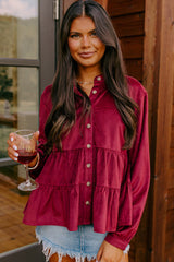 Burgundy Smocked Ruffle Tiered Button-up Shirt