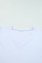 Green Solid Puff Sleeve Casual V Neck T-Shirt