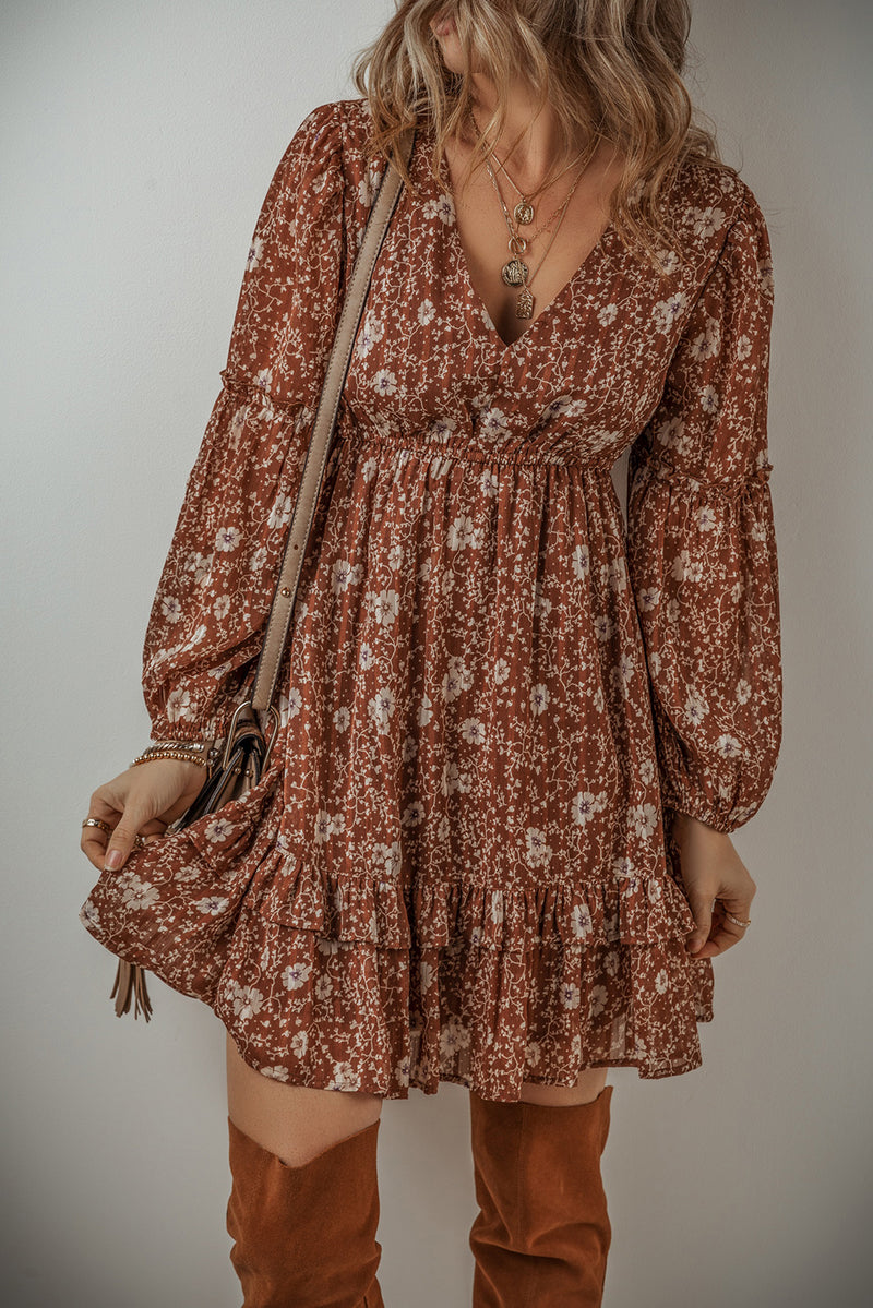 Brown Boho Floral Ruffle Puff Sleeve V Neck Mini Dress