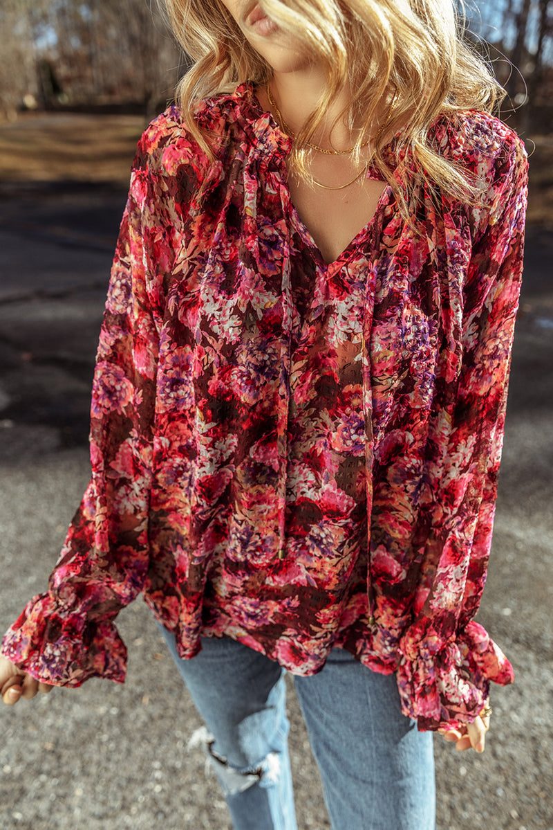 Rose Red Floral Print Drawstring Frill V Neck Blouse