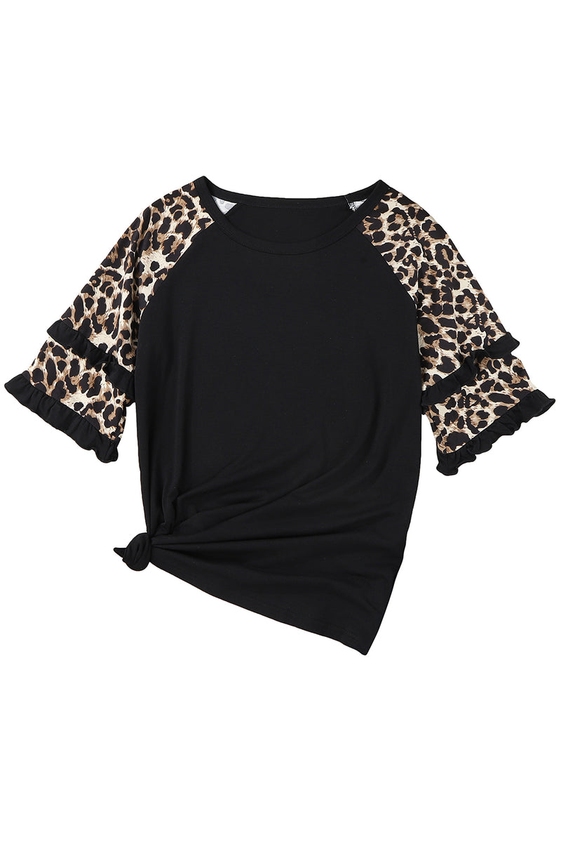 Beige Cheetah Print Tiered Half Sleeve Jewel Neckline T Shirt