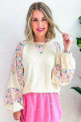 Apricot Ribbed Floral Patchwork Balloon Sleeve Top