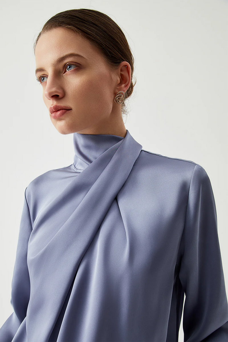 Ivy Asymmetric Turtleneck Elegant Satin Shirt