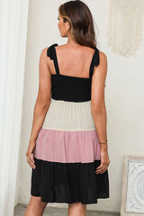 Black Smocked Color Block Sleeveless Short Dress