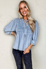 Myosotis Denim Bow Tie Pleated Puff Sleeve Top