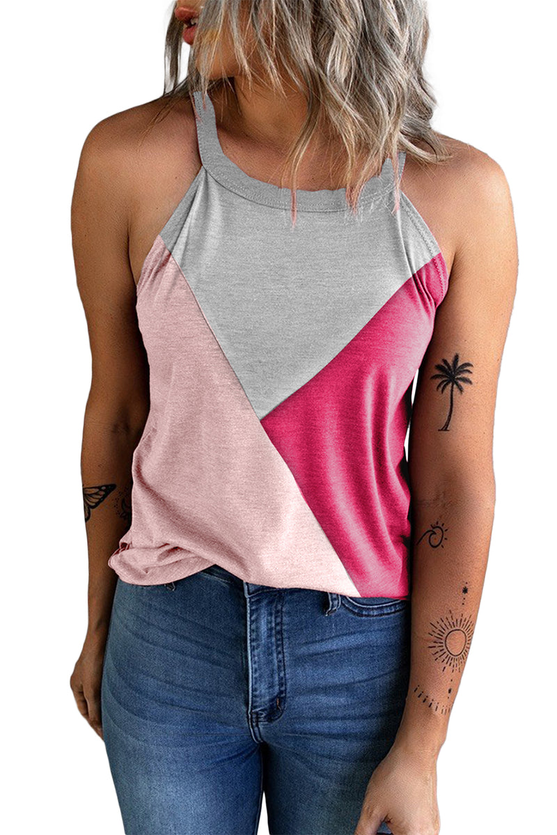 Rose Red Color Block Crewneck Tank Top