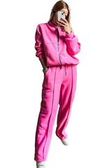 Bright Pink Seamed Zipper Jacket and Drawstring Waist Pants Set