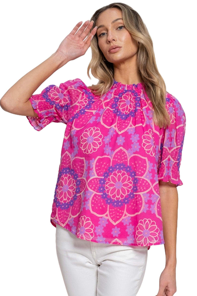 Rose Floral Print Frill Neck Smocked Cuffs Blouse