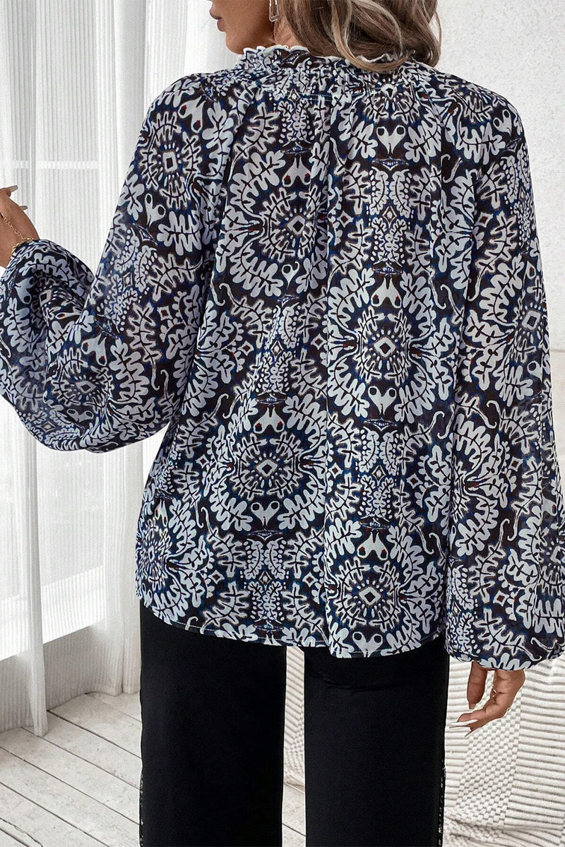 Blue Ethnic Print Lace-up Frill Neck Loose Blouse