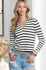 Stripe Casual Collared V Neck Lightweight Knit Sweater