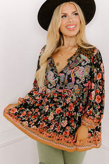 Black Plus Size Paisley Print V Neck Bubble Sleeve Blouse