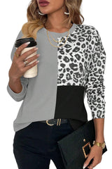 Bonbon Casual Waffle Knit Leopard Contrast Long Sleeve Top