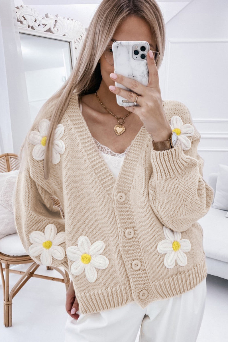 Parchment 60s Flower Decor Button Cable Knit Cardigan