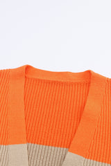 Orange Colorblock Ribbed Knit Open Front Cardigan