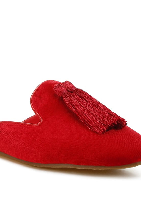 Cardinal Tassel Detail Velvet Mules