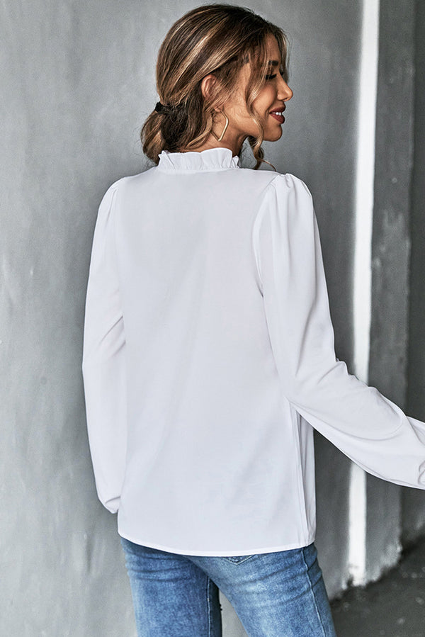White Solid Color Ruffled V Neck Long Sleeve Shirt
