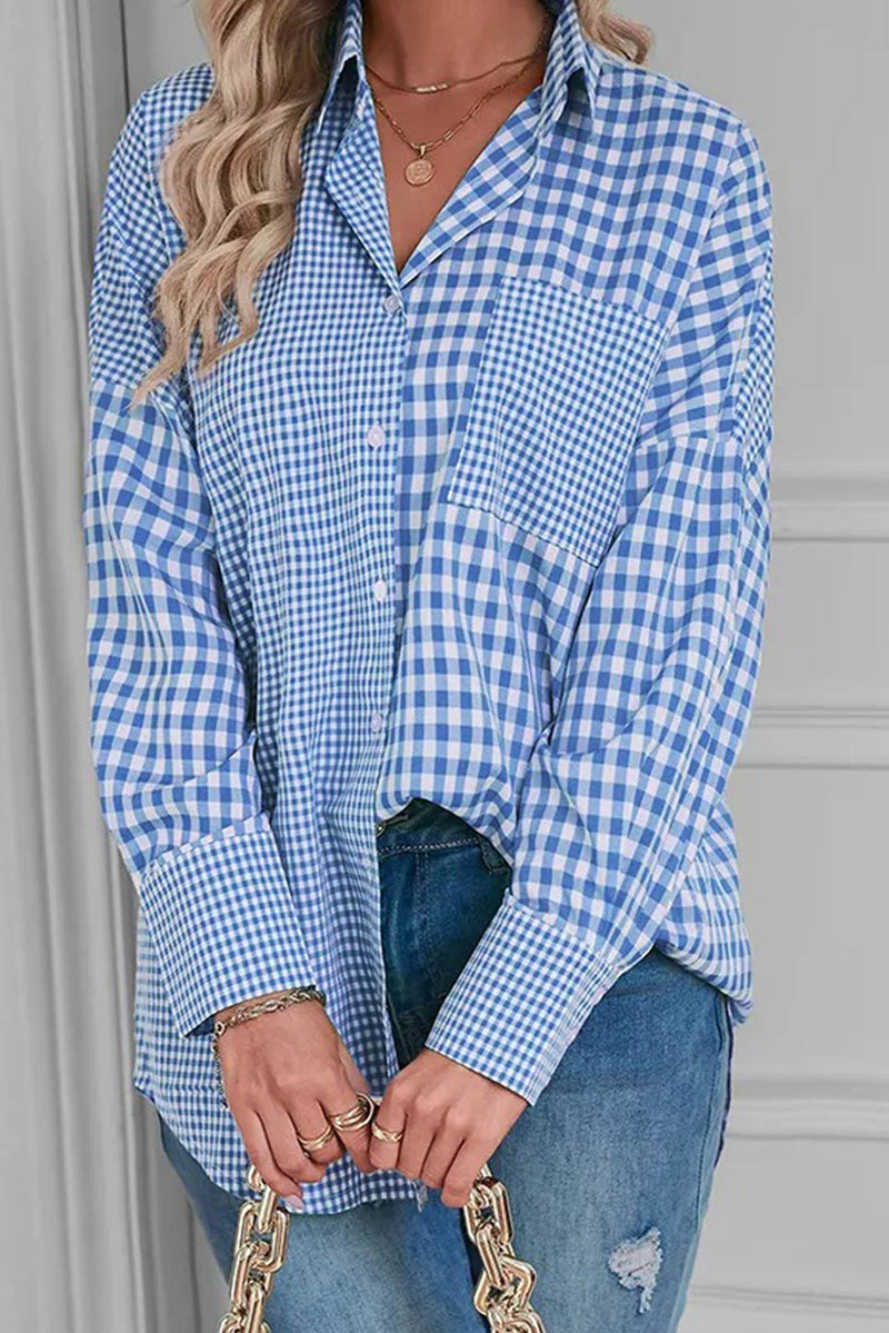 Sky Blue Plaid Pocket Long Sleeve Tunic Shirt