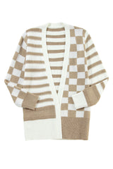 Smoke Gray Gingham Striped Knitted Open Front Cardigan