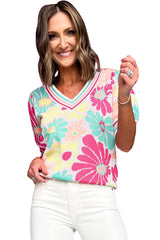 Multicolour Retro Floral Striped V-Neck Knitted Top