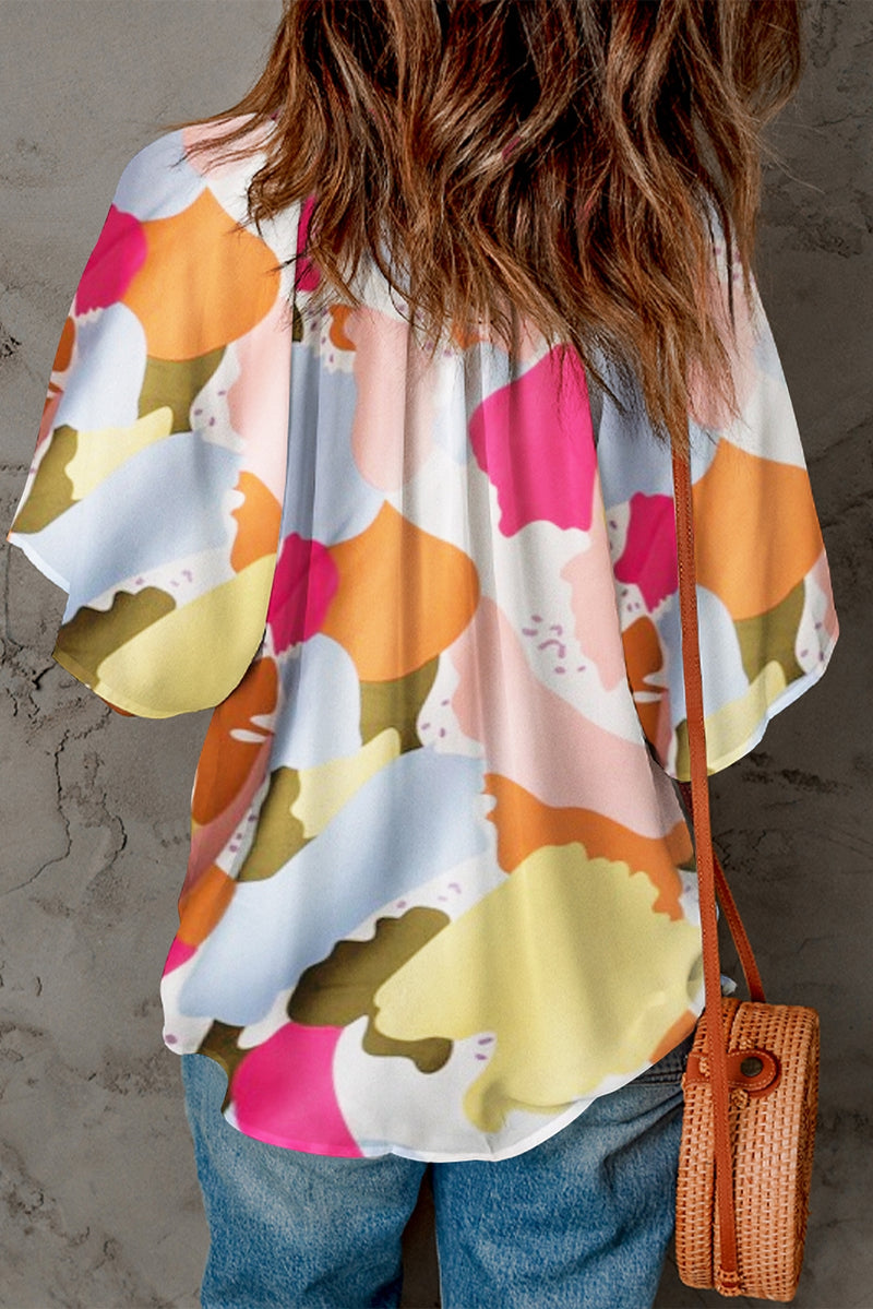 Orange Floral Print V Neck Flutter Sleeve Blouse for Women