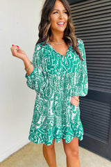 Rose Bohemian Print Lantern Sleeve V Neck Flared Mini Dress