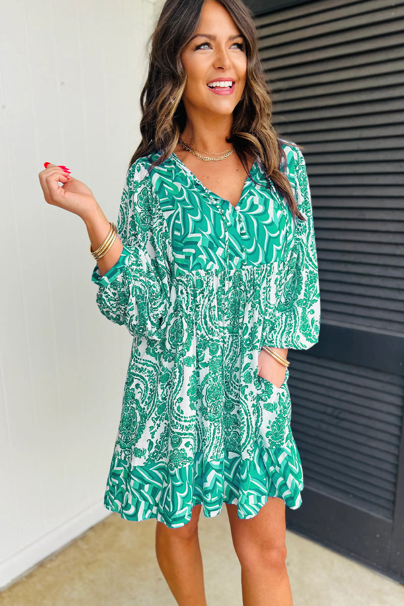 Rose Bohemian Print Lantern Sleeve V Neck Flared Mini Dress