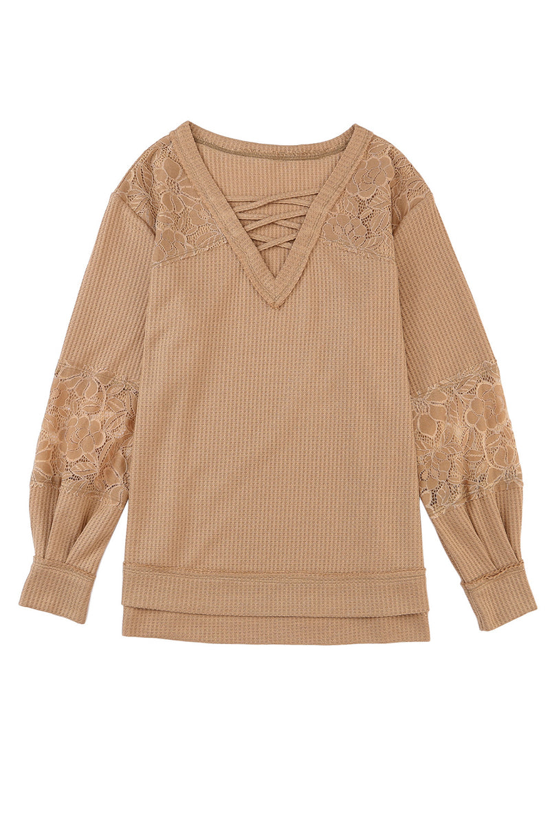 Apricot Lace and Waffle Knit Crisscross Straps V Neck Long Sleeve Top