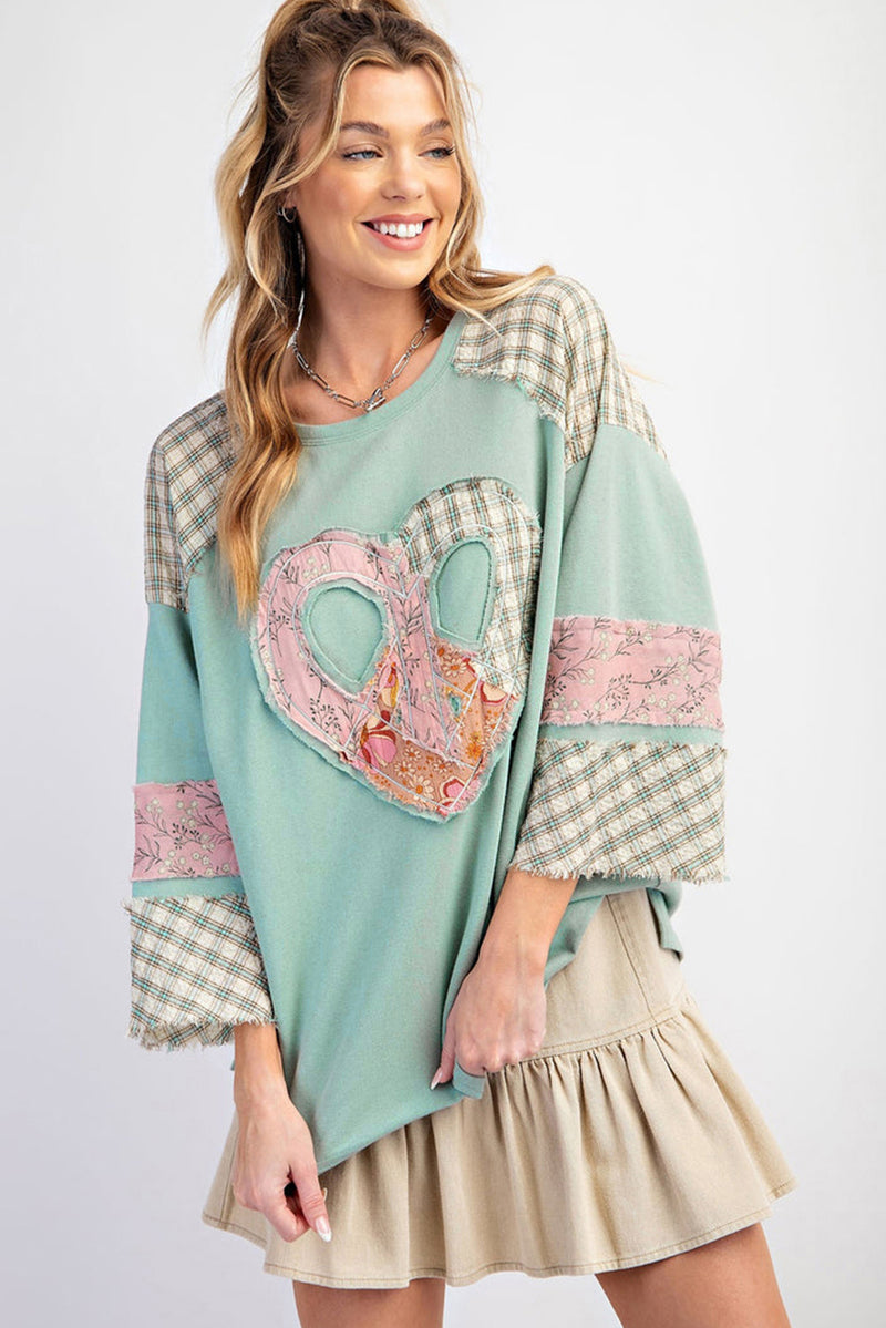 Aqua Plaid Floral Patchwork Heart Long Sleeve Top