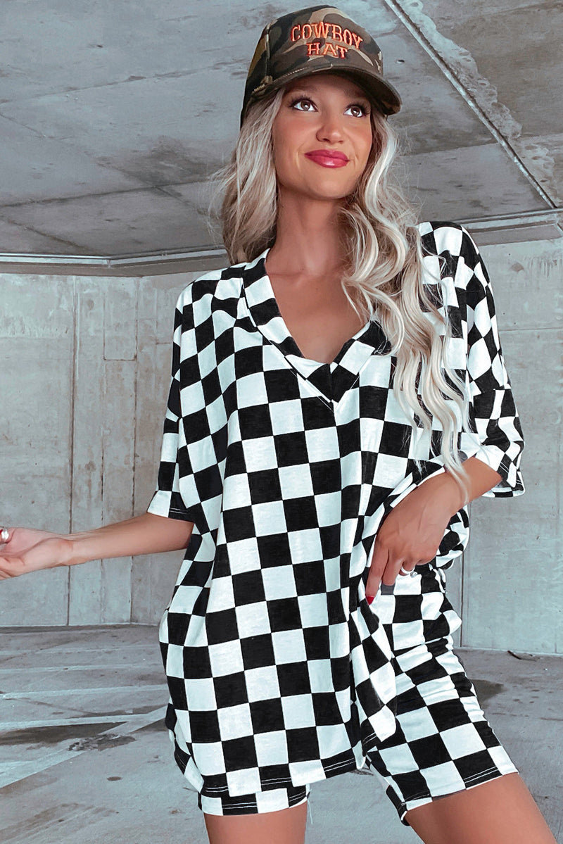 Black Checkered Print V Neck Pocketed Pajama Set