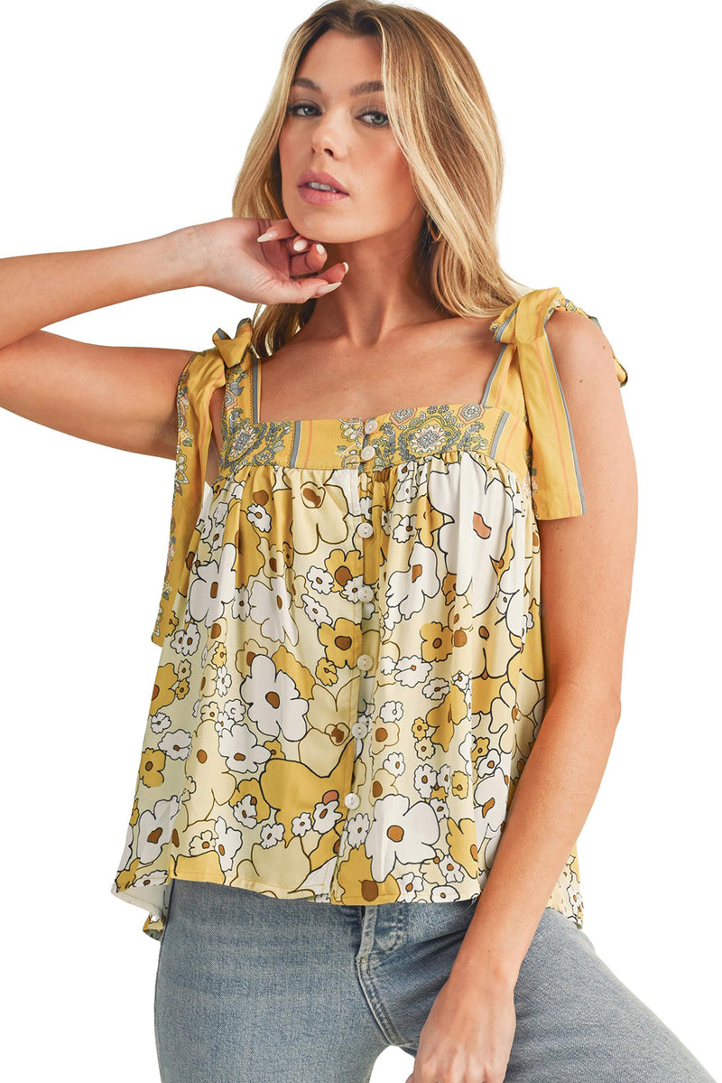 Yellow Floral Patchwork Boho Knot Straps Top