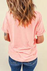 Pink Chenille Love Patched Pattern Round Neck Valentines T Shirt