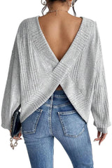 Light Grey Ribbed Backless Drop Sleeve Top