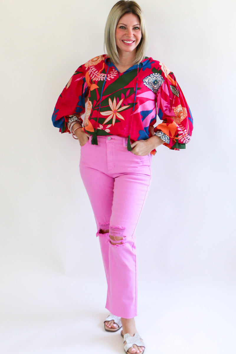 Rose Bohemian Floral Print Frill Neck Puff Sleeve Blouse