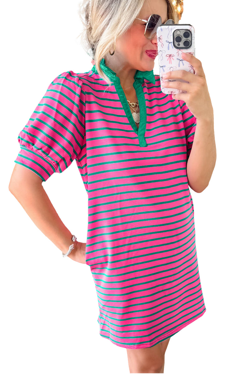 Pink Stripe Collared V Neck Puff Sleeve T Shirt Dress