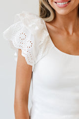 White Eyelet Ruffle Sleeve Slim Fit Top