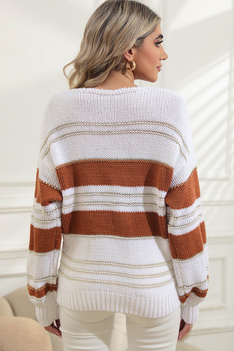 White Casual Stripe Print Knit Puff Sleeve Sweater