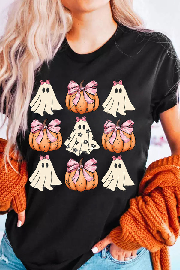 Black Bowknot Ghost Pumpkin Halloween Graphic T Shirt