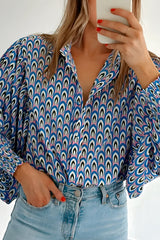 Sky Blue Abstract Print Collared Lantern Sleeve Shirt