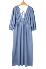 Myosotis Chambray Deep V Neck Bracelet Sleeve Maxi Dress