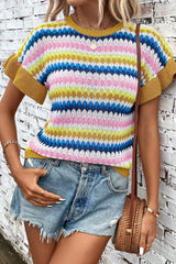 Fiery Red Colorblock Striped Ruffle Sleeve Knit Top