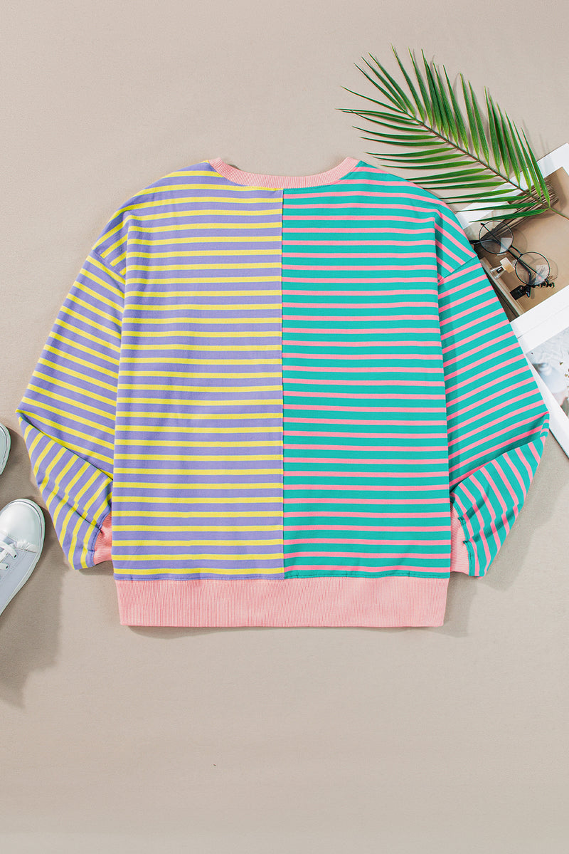 Green Stripe Colorblock Drop Shoulder Oversized Sweatshirt