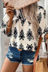 Black Ethnic Abstract Print Puff Sleeve V Neck Blouse