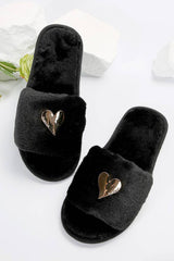 Black Heart Open Toe Plush Slippers